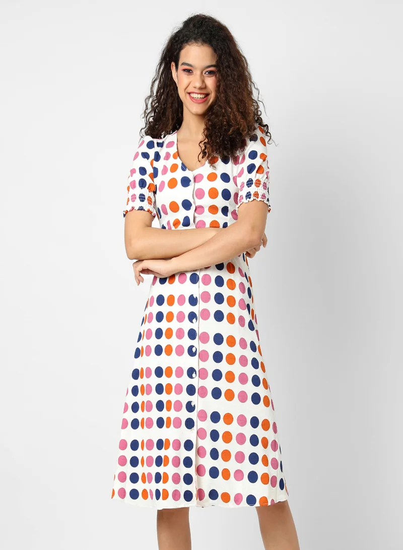 Pinacolada  Women's Multicolour Polka Dot Dress For Casual Wear | V Neck | Short Sleeve | Button Closure | Dress Designed With Comfort Fit For Woman & Girls for Women | Best Price UAE
